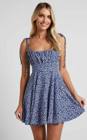 Showpo Summer Jam Mini Dress - Strappy Slip Dress Blue Floral | IVRXLM350