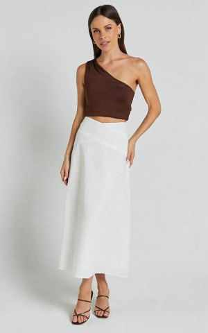 Showpo Sundry Midi Skirt - Linen Look High Waisted Cross Front Detail Skirt Off White | PEQWML982