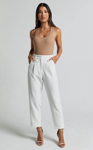 Showpo Suri Cropped Pant - High Waisted Tapered Tailored Pant With Pocket Detail White | VUYMLA572