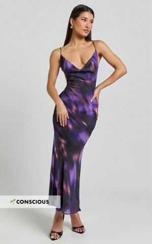 Showpo Susie Midi Dress - Recycled Strappy Cowl Slip Dress Violet Night Print | URLZDV574