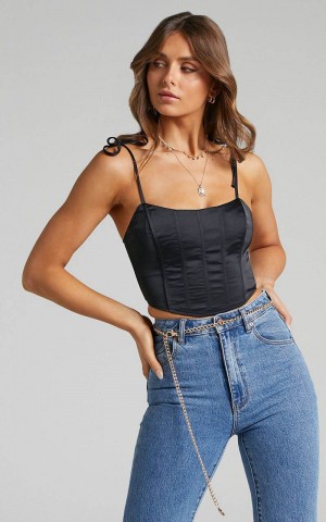 Showpo Sweet Disguise Top - Shoulder Tie Corset Top Black | CVIZUD078