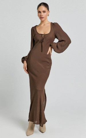 Showpo Sydney Midi Dress - Scoop Neck Long Sleeve Slip Dress Brown | CHEXBJ506