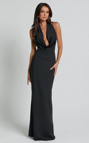 Showpo Sylvana Maxi Dress - Cowl Halter Neck Bodycon Dress Black | WNTAVK468