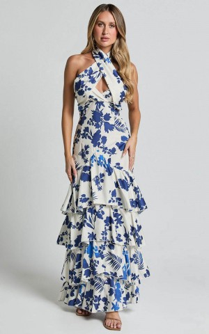 Showpo Talia Maxi Dress - Halter Neck Layered Dress Blue And White Print | NZDHEA268