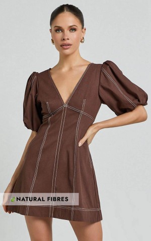 Showpo Tallie Mini Dress - Linen Look Puff Sleeve A Line Dress Chocolate | CXADSF679