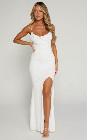 Showpo Tasteful Midi Dress - Cowl Neck Bodycon Thigh Split Dress White | UYEMCL897