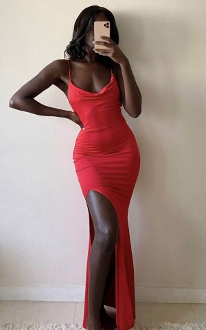 Showpo Tasteful Midi Dress - Cowl Neck Bodycon Thigh Split Dress Red | ATMPIC036