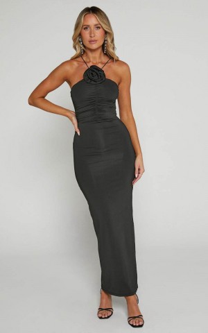 Showpo Teagan Midi Dress - Bodycon Ruched Asymmetric Strap Rosette Dress Black | XOKULV780