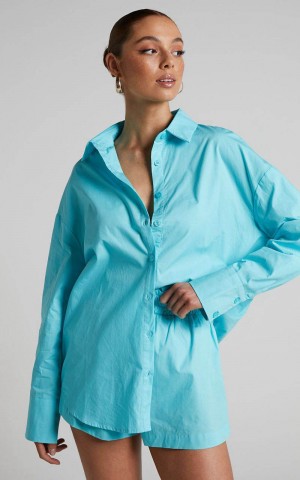 Showpo Terah Shirt - Button Up Shirt Aqua Blue | XJAYQV096