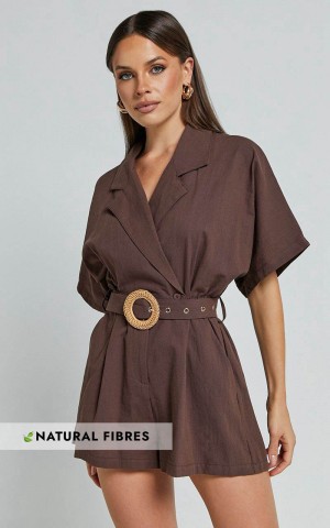 Showpo Thaisa Playsuit - Short Sleeve Collared Belted Playsuit Choc | CXFSUZ179