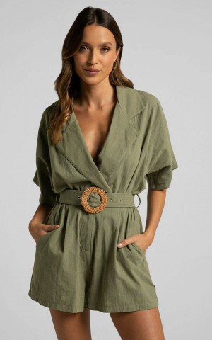 Showpo Thaisa Playsuit - Short Sleeve Collared Belted Playsuit Khaki | UALGRF456