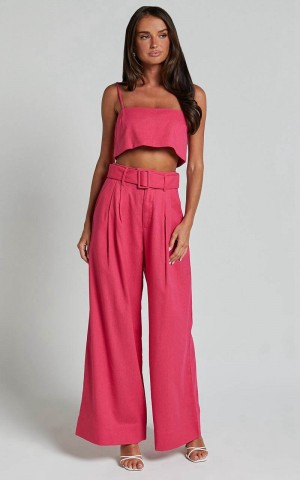 Showpo Thelma Two Piece Set - Linen Look Bandeau Crop Top And Belted Wide Leg Pants Set Hot Pink | EDKMXR209