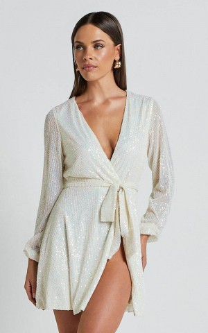 Showpo Three Of Us Mini Dress - Long Sleeve Wrap Dress White Sequin | COWMPX278