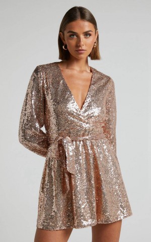 Showpo Three Of Us Mini Dress - Long Sleeve Wrap Dress Gold Sequin | ZVRXMG614