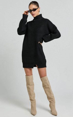 Showpo Tianna Mini Dress - Knitted Side Split Jumper Dress Black | JHXYIB071