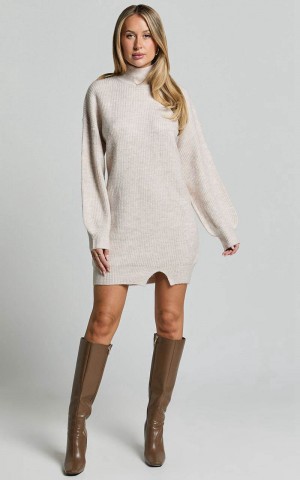 Showpo Tianna Mini Dress - Knitted Side Split Jumper Dress Beige Marl | PRANTZ651