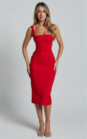 Showpo Tiffy Midi Dress - Square Neck Ruched Bodycon Dress Scarlet | YLTBDX142