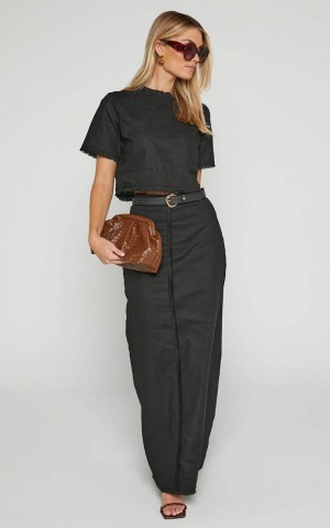 Showpo Tisdale Two Piece Set - Linen Look Scoop Neck Short Sleeve Cropped Top And Maxi Skirt Black | JQVMTP081