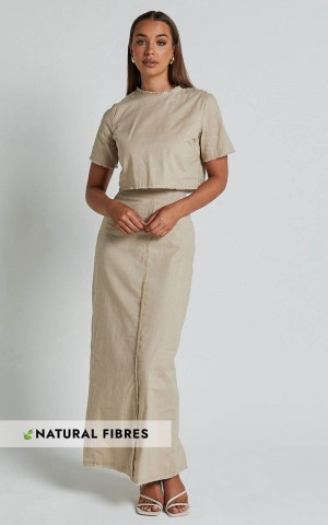 Showpo Tisdale Two Piece Set - Linen Look Scoop Neck Short Sleeve Cropped Top And Maxi Skirt Sand | PGCQBL576