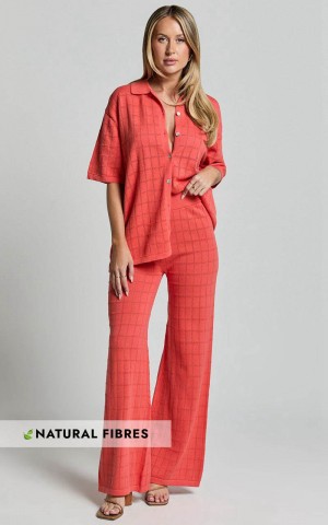 Showpo Tommy Two Piece Set - Knit Button Through Top And Pants Two Piece Set Coral | OQUVIM847