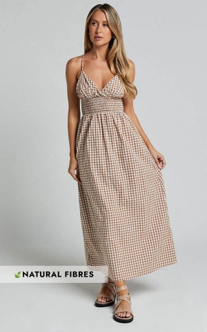 Showpo Toni Midi Dress - Strappy Gingham Dress Caramel And White Gingham | VXQJPG932