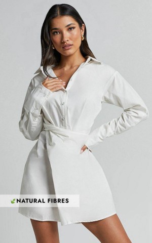 Showpo Tonja Mini Dress - Long Sleeve Wrap Shirt Dress Ivory | QKITMH246