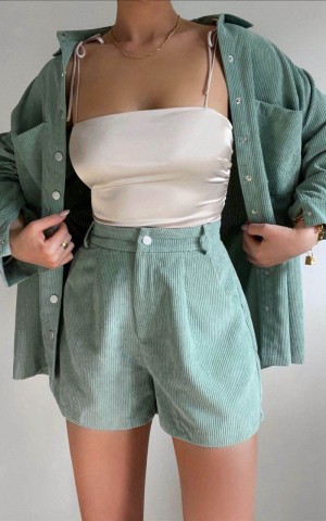 Showpo Tovil Shorts - High Waisted Corduroy Shorts Sage | CWZTSR714