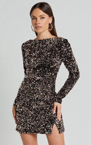 Showpo Tracy Mini Dress - Sequin Long Sleeve Backless Dress Bronze | NFZDGR043