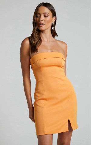 Showpo Tricia Mini Dress - Strapless Foldover Neckline Dress Mango | UCWEQD879