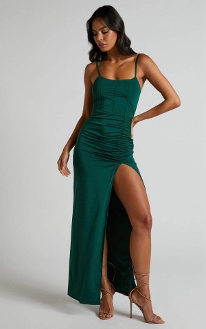 Showpo Trinah Midi Dress - Corset Thigh Split Dress Emerald | ABPJDO650