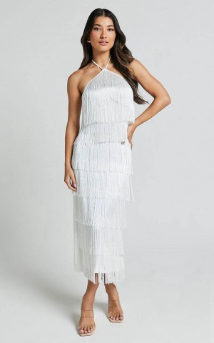 Showpo Trixie Maxi Dress - Diamond Halter Neck Fringe Tiered Dress White | FEULRT407