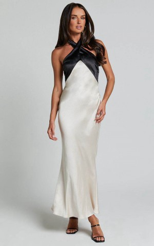 Showpo Trixie Midi Dress - Halter Neck Contrast Satin Slip Dress Ivory | ZYCMTX978