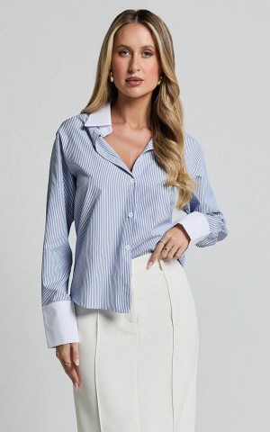 Showpo Trixie Shirt - Striped White Cuff & Collar Detail Button Up Shirt Blue Stripe | VZDMJE560