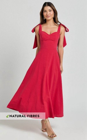 Showpo Tymia Midi Dress - Shoulder Tie Bustier Shirred Back A Line Red | ZDEVLR943