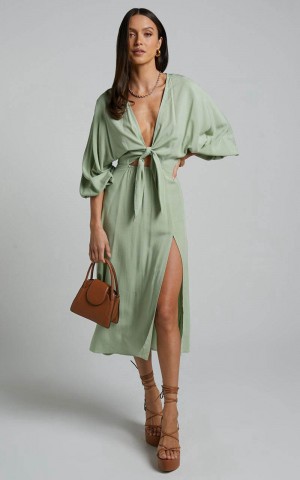 Showpo Tyricia Midi Dress - Long Sleeve Tie Front Cut Out Dress Sage | IWNFEK716