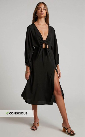 Showpo Tyricia Midi Dress - Long Sleeve Tie Front Cut Out Dress Black | HFNMSY245