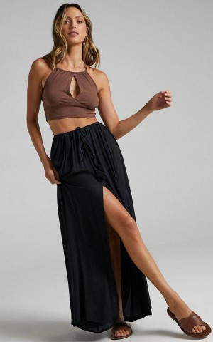 Showpo Under The Twilight Maxi Skirt - Thigh Split Skirt Black | VTDQIK892