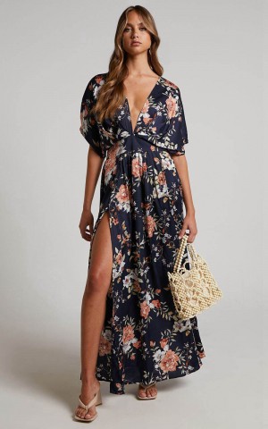 Showpo Vacay Ready Midi Dress - Plunge Thigh Split Dress Navy Multi Floral | KZLWAN904