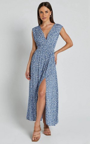 Showpo Valeri Midi Dress - Plunge Neck Sleeveless Tie Waist Dress Blue Floral | JGEHIB846