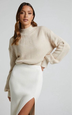 Showpo Valerie Jumper - High Neck Balloon Sleeve Knit Jumper Cream | EGHCTM294