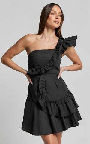 Showpo Valerie Mini Dress - One Shoulder Ruffle Detail A Line Dress Black | NDTGWZ029