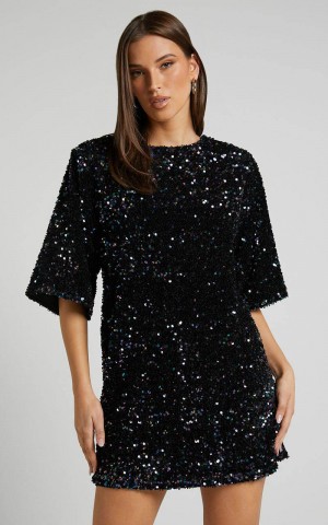 Showpo Valetta Mini Dress - Sequin Low Back Shift Dress Midnight Blue Sequin | ENWPQA832