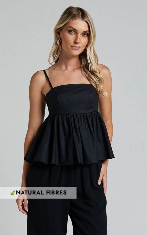 Showpo Vanessa Top - Linen Look Strappy Babydoll Top Black | CTJVEX735