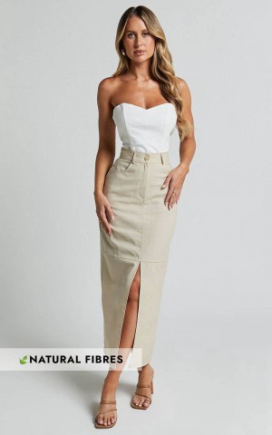 Showpo Vanna Midi Skirt - High Waisted Front Slit Skirt Stone | OYAEQW472