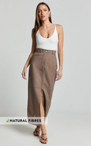 Showpo Vanna Midi Skirt - High Waisted Front Slit Skirt Mocha | LZSKYI953