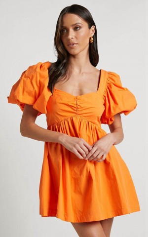 Showpo Vashti Mini Dress - Puff Sleeve Sweetheart Dress Orange | QZUNMW753