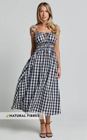 Showpo Vela Midi Dress - Strappy Tie Shoulder Elasticated Waist Dress Black And White Gingham | BDPXFG483