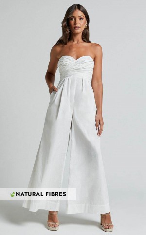 Showpo Velia Jumpsuit - Strapless Ruched Bodice Wide Leg Jumpsuit White | HQGNSZ012