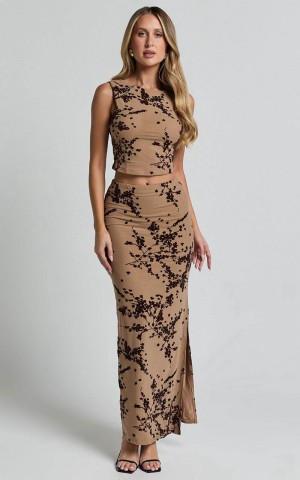 Showpo Vienna Two Piece Set - Cowl Back Top And Maxi Skirt Mesh Set Brown Floral | UROQGH816