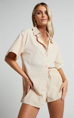 Showpo Vina Del Mar Two Piece Set - Linen Look Shirt And Shorts Set Oatmeal | UAKPZC354